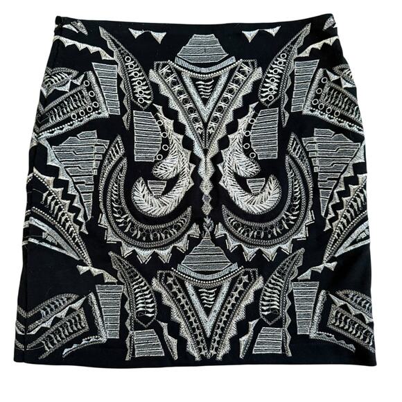 Y2K Rouge Black Mini Skirt Tribal Embroidered Party Skirt Metallic Size 6 Black - Picture 5 of 11
